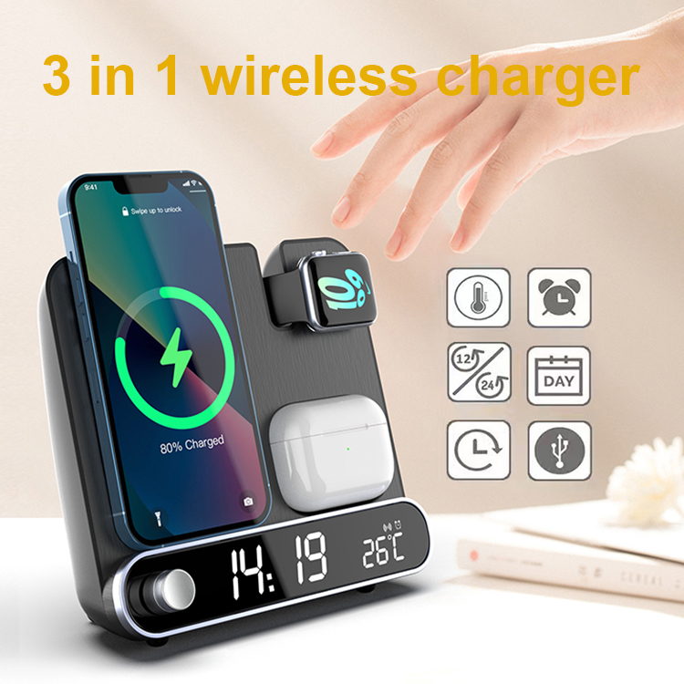 2022 new arrival Alarm clock Date Temperature Wireless charger for phone headset iwatch LWS-003